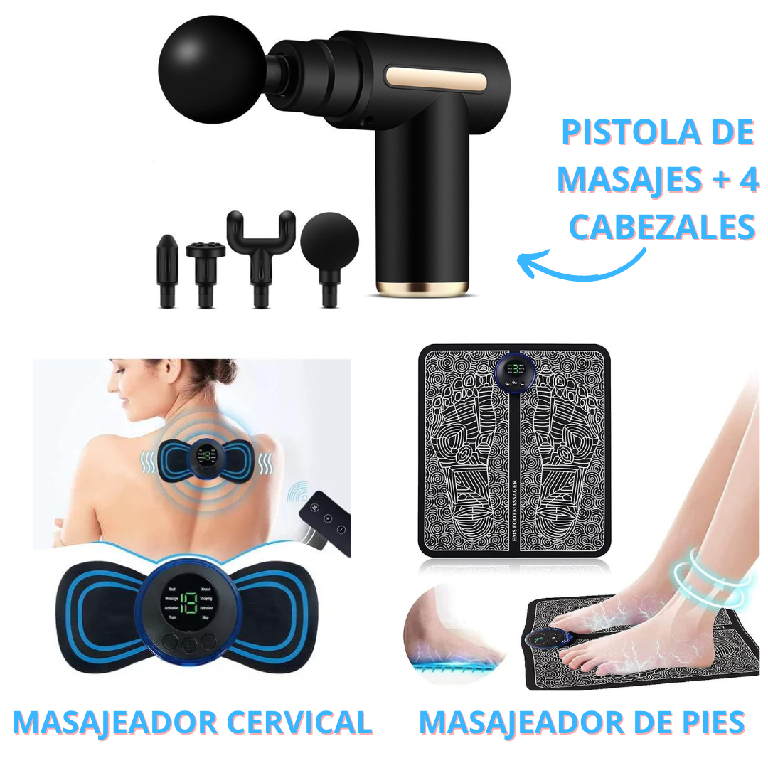 PISTOLA DE MASAJES MUSCULAR + MASAJEADOR CERVICAL Y DE PIES DE REGALO