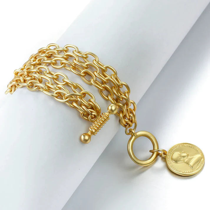 PULSERA CON MEDALLÓN DE ORO + PENDIENTES DE ACERO INOXIDABLE | OFERTA 3X1